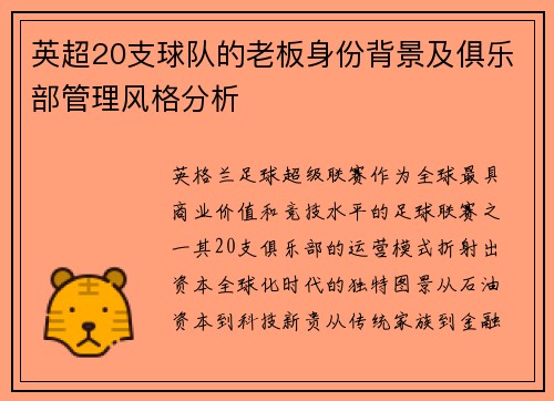 英超20支球队的老板身份背景及俱乐部管理风格分析