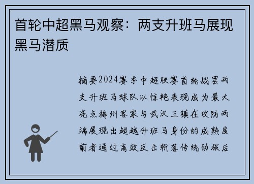首轮中超黑马观察：两支升班马展现黑马潜质